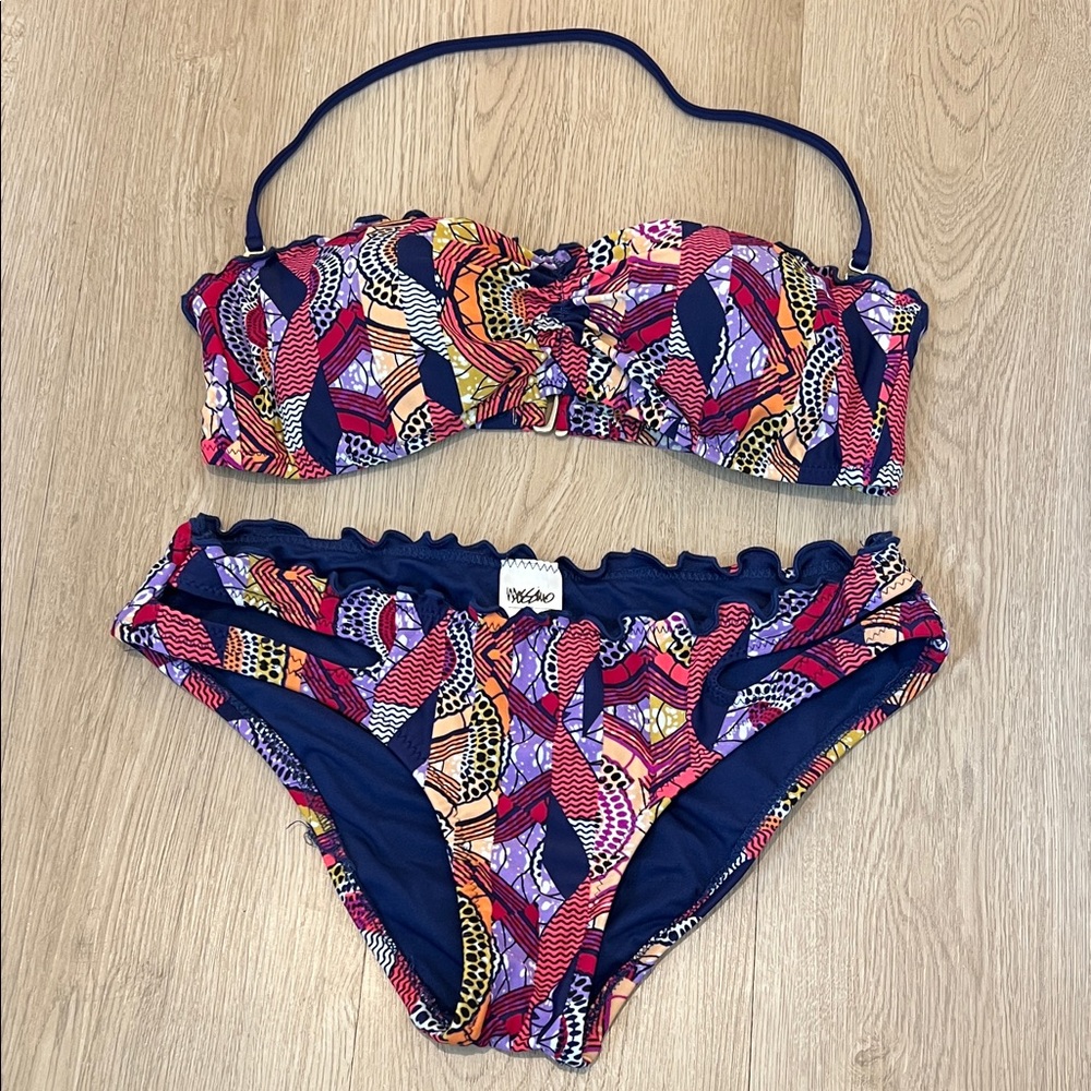 Mossimo Supply Co. Multicolor Patterned Bandeau Bikini with Navy Accents